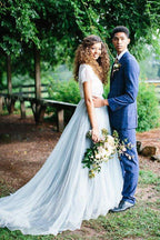NumberSea Casual Country Style Two Piece Lace Top Tulle Skirt Wedding Dresses, MW535