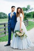 NumberSea Casual Country Style Two Piece Lace Top Tulle Skirt Wedding Dresses, MW535