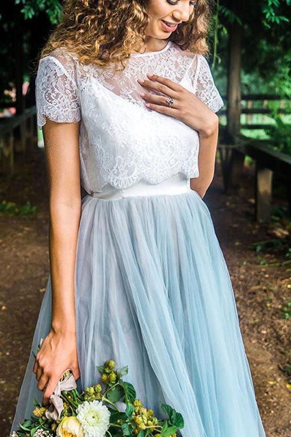 NumberSea Casual Country Style Two Piece Lace Top Tulle Skirt Wedding Dresses, MW535