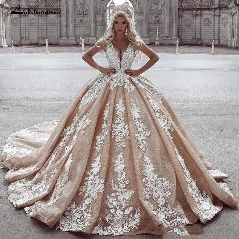 NumberSea Champagne Ball Gown Wedding Dresses Lace Appliqued Deep V Neck