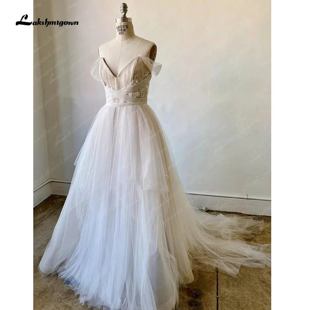 NumberSea Champagne Boho Wedding Dresses Off the Shoulder vestidos de novia Lace Appliques Bride Gowns свадебное пла