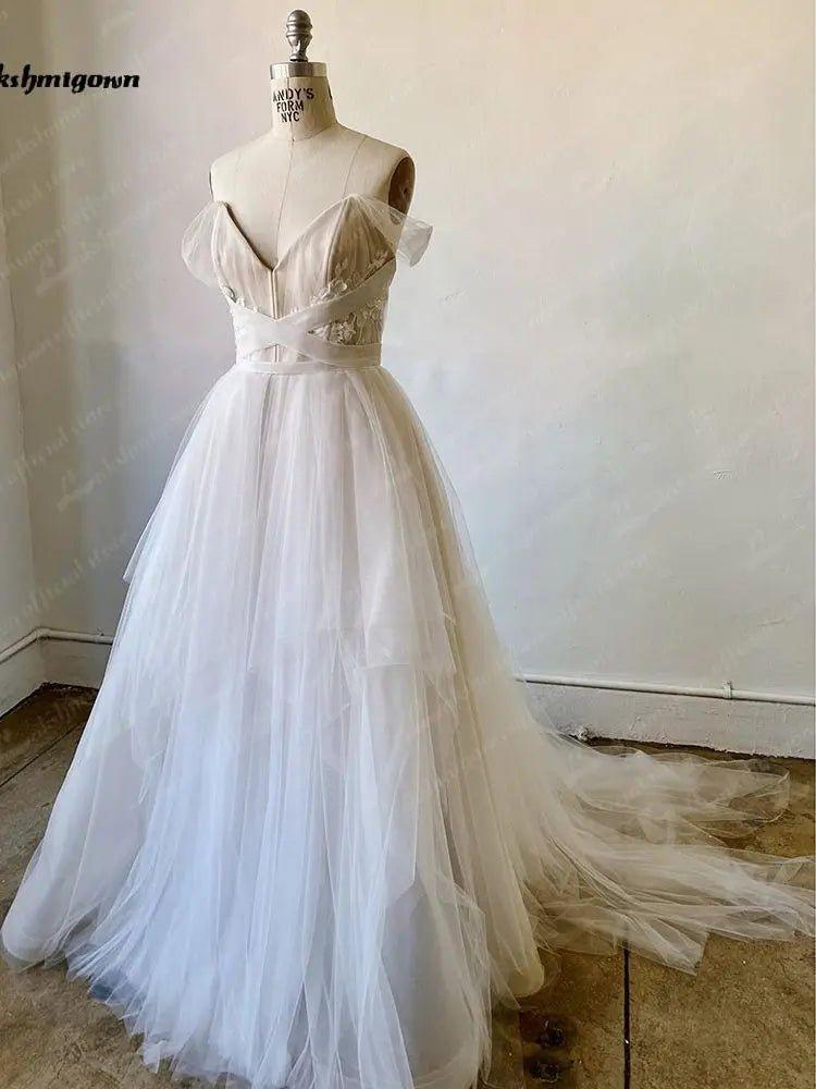 NumberSea Champagne Boho Wedding Dresses Off the Shoulder vestidos de novia Lace Appliques Bride Gowns свадебное пла