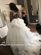 NumberSea Champagne Floral Lace Wedding Dresses Sexy Backless Ruffles Puffy Bridal Gowns Beach Wedding Gowns Vestido De Noiva