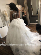 NumberSea Champagne Floral Lace Wedding Dresses Sexy Backless Ruffles Puffy Bridal Gowns Beach Wedding Gowns Vestido De Noiva