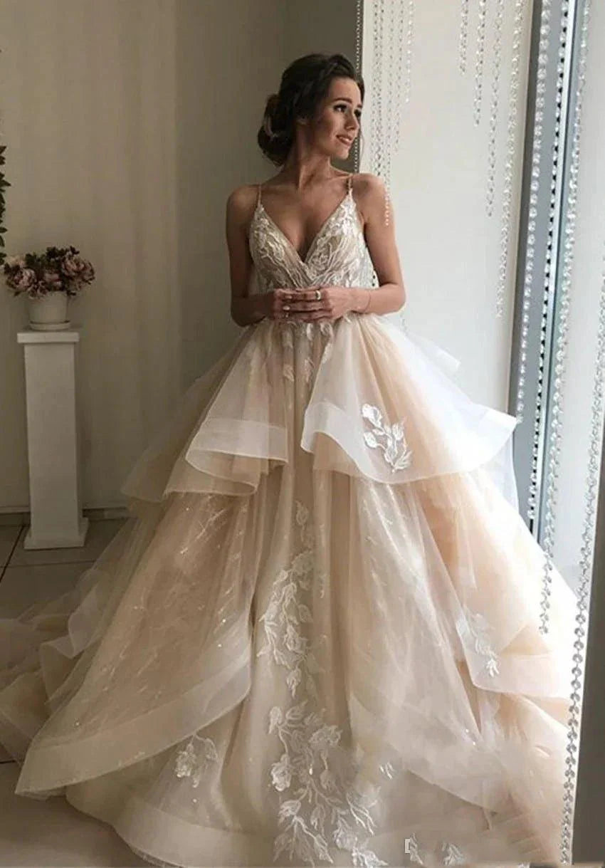 NumberSea Champagne Floral Lace Wedding Dresses Sexy Backless Ruffles Puffy Bridal Gowns Beach Wedding Gowns Vestido De Noiva