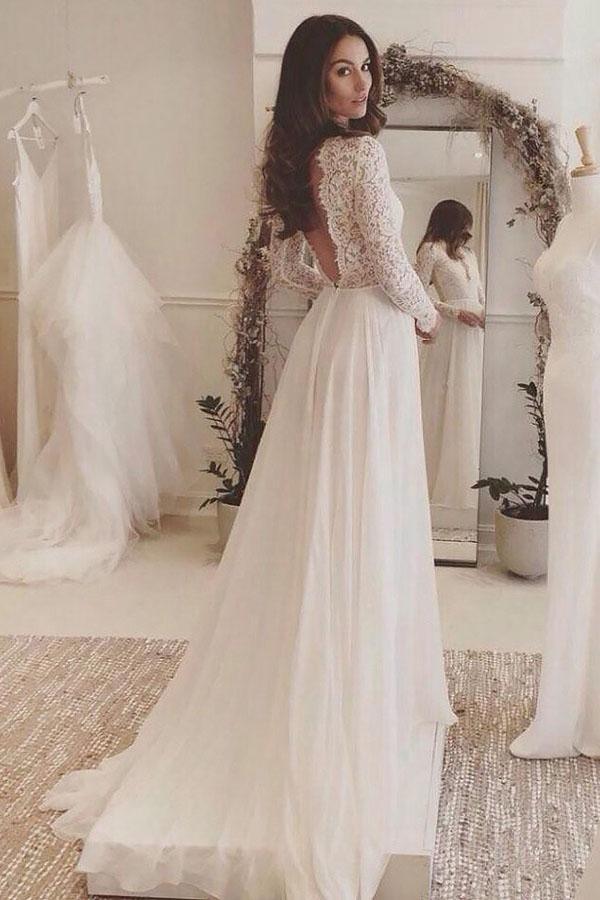 NumberSea Charming Affordable Chiffon Long Sleeve V Neck Formal Long Wedding Dresses, MW116