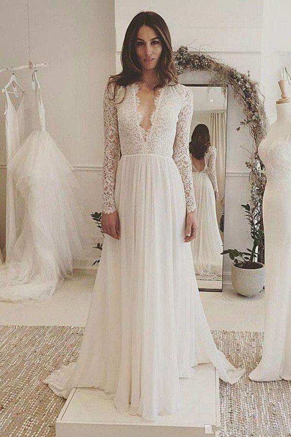 NumberSea Charming Affordable Chiffon Long Sleeve V Neck Formal Long Wedding Dresses, MW116