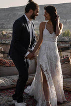 NumberSea Charming Ivory Boho Lace Bohemian Long Beach Wedding Dresses Bridal Dress, MW263