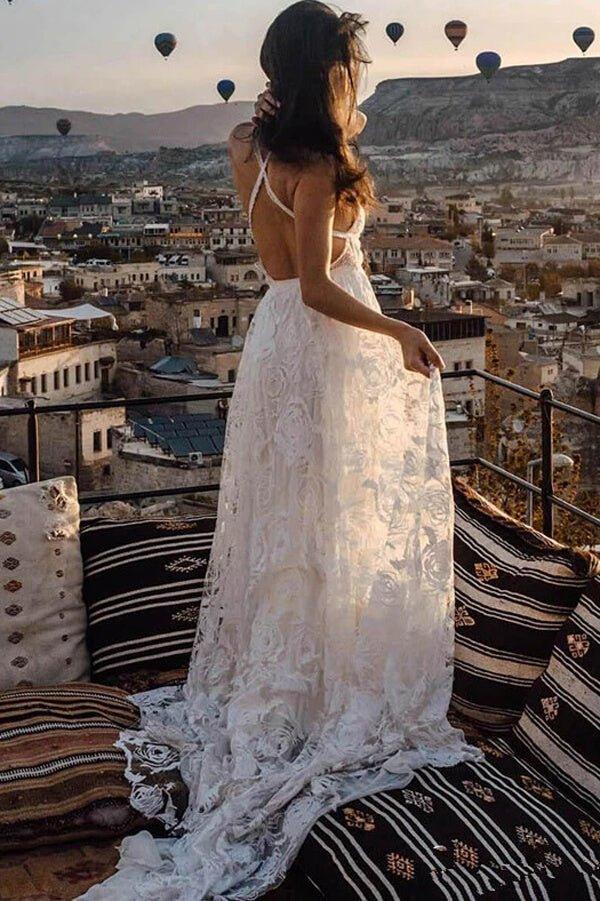 NumberSea Charming Ivory Boho Lace Bohemian Long Beach Wedding Dresses Bridal Dress, MW263