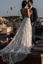 NumberSea Charming Ivory Boho Lace Bohemian Long Beach Wedding Dresses Bridal Dress, MW263