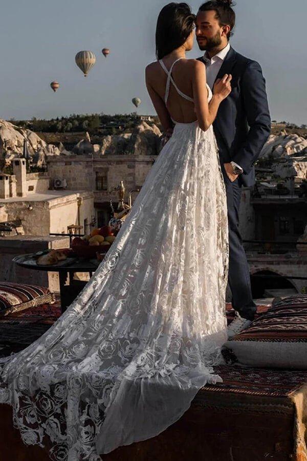 NumberSea Charming Ivory Boho Lace Bohemian Long Beach Wedding Dresses Bridal Dress, MW263
