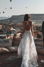 NumberSea Charming Ivory Boho Lace Bohemian Long Beach Wedding Dresses Bridal Dress, MW263