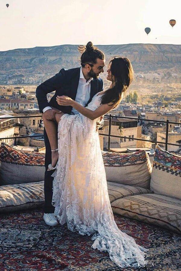 NumberSea Charming Ivory Boho Lace Bohemian Long Beach Wedding Dresses Bridal Dress, MW263