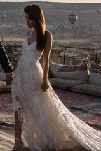 NumberSea Charming Ivory Boho Lace Bohemian Long Beach Wedding Dresses Bridal Dress, MW263