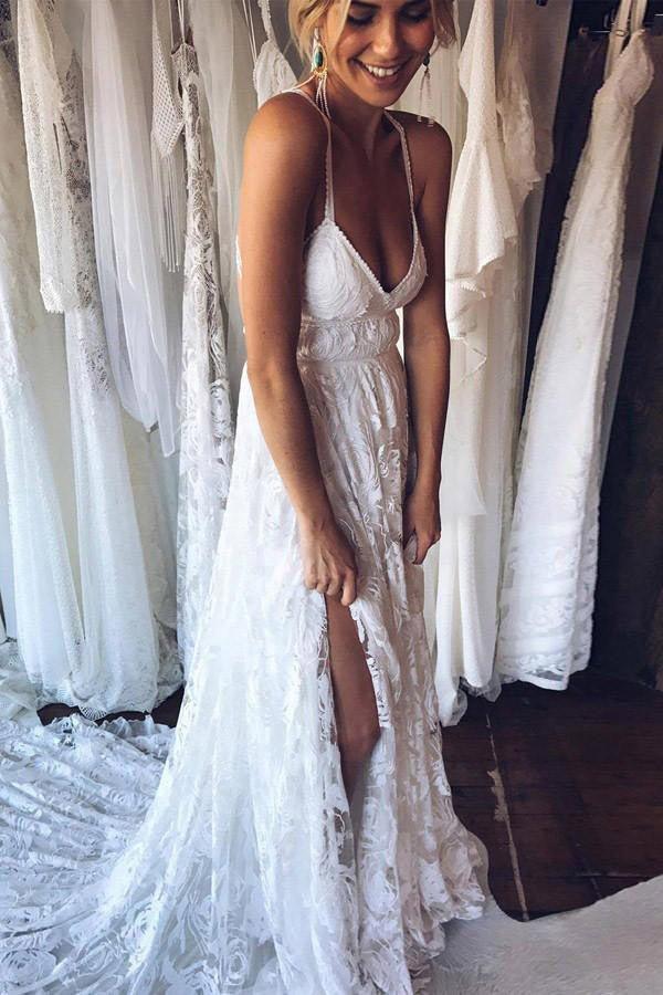 NumberSea Charming Ivory Lace Floor Length V Neck Long Wedding Dresses on Line