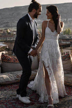 NumberSea Charming Ivory Lace Floor Length V Neck Long Wedding Dresses on Line