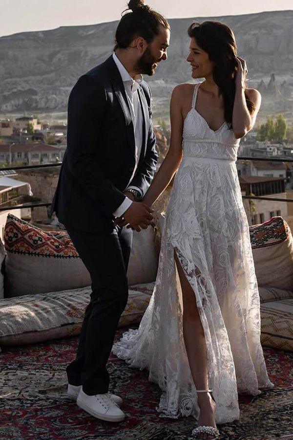 NumberSea Charming Ivory Lace Floor Length V Neck Long Wedding Dresses on Line
