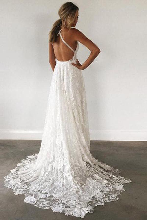 NumberSea Charming Ivory Lace Floor Length V Neck Long Wedding Dresses on Line
