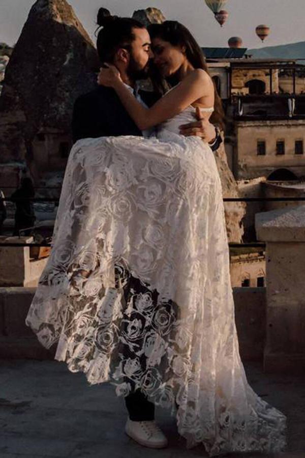 NumberSea Charming Ivory Lace Floor Length V Neck Long Wedding Dresses on Line