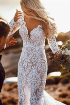 NumberSea Charming Long Sleeve See Through Lace Rustic Mermaid Wedding Dress,MW266