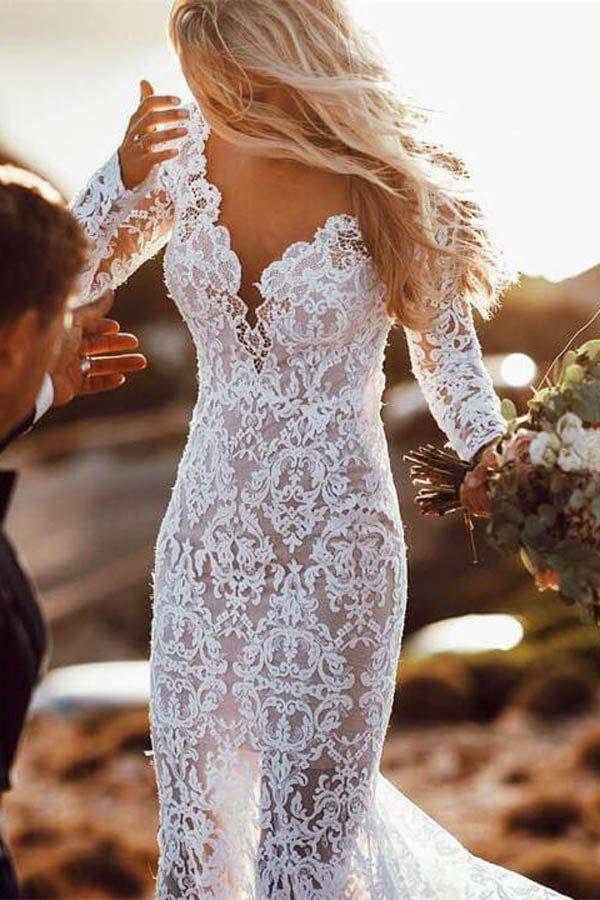 NumberSea Charming Long Sleeve See Through Lace Rustic Mermaid Wedding Dress,MW266