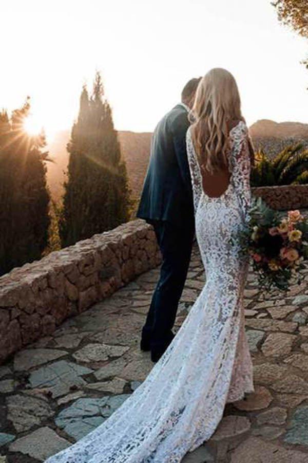 NumberSea Charming Long Sleeve See Through Lace Rustic Mermaid Wedding Dress,MW266