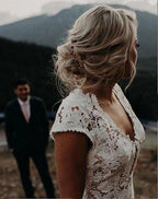 NumberSea Charming Mermaid Lace Ivory Cap Sleeves Wedding Dresses, Bridal Dresses,MW481