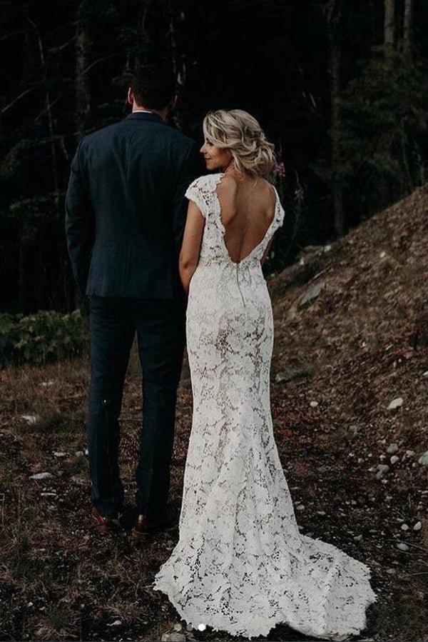 NumberSea Charming Mermaid Lace Ivory Cap Sleeves Wedding Dresses, Bridal Dresses,MW481