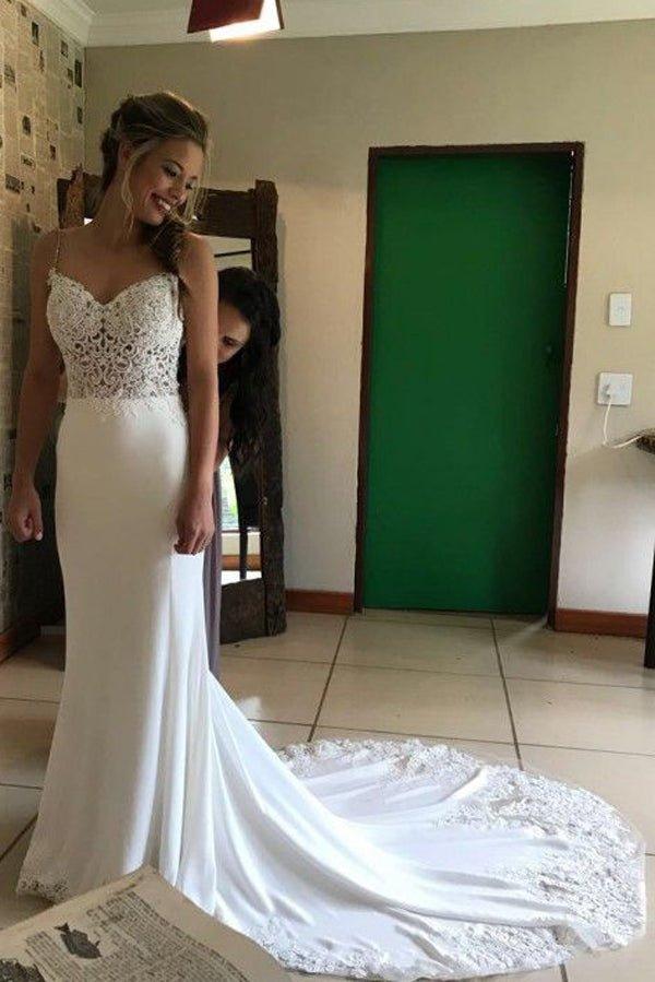 NumberSea Charming Mermaid Sweetheart Open Back White Lace Long Wedding Dresses with Train,MW473