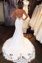 NumberSea Charming Mermaid Sweetheart Open Back White Lace Long Wedding Dresses with Train,MW473
