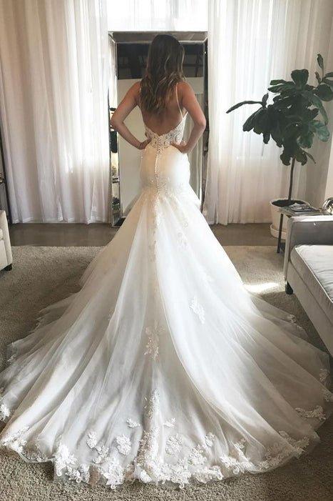 NumberSea Charming Mermaid V-neck Open Back Spaghetti Straps Lace Wedding Dresses with Train,MW421