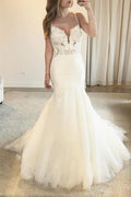 NumberSea Charming Mermaid V-neck Open Back Spaghetti Straps Lace Wedding Dresses with Train,MW421