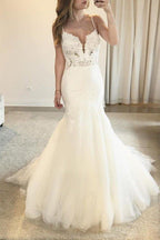 NumberSea Charming Mermaid V-neck Open Back Spaghetti Straps Lace Wedding Dresses with Train,MW421
