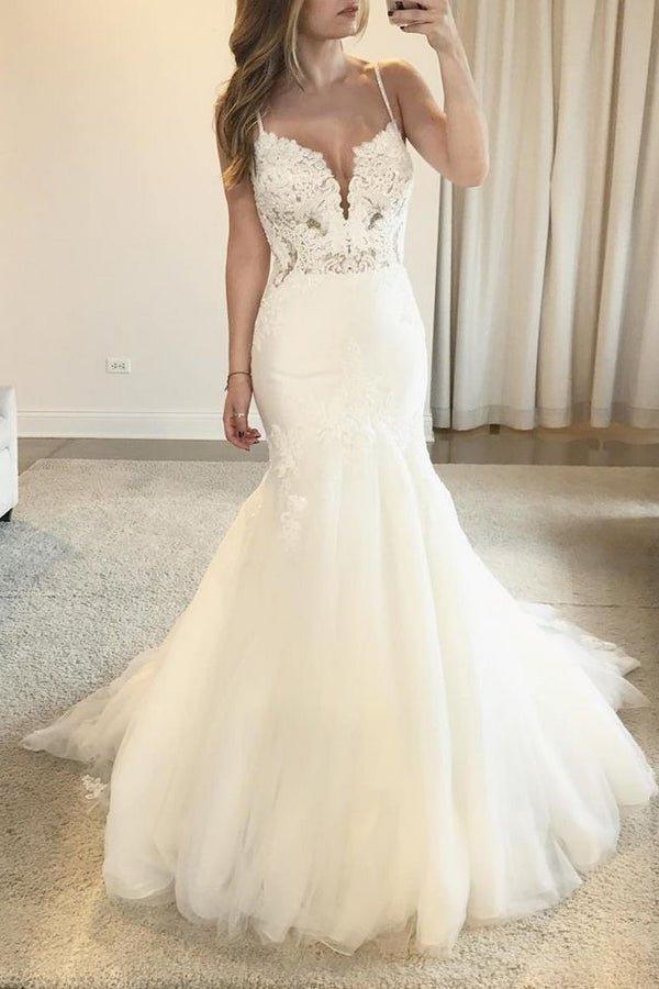 NumberSea Charming Mermaid V-neck Open Back Spaghetti Straps Lace Wedding Dresses with Train,MW421