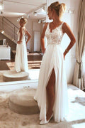 NumberSea Charming Spaghetti straps Appliques Lace Wedding Dress,Split Chiffon Beach Wedding Dress,MW359