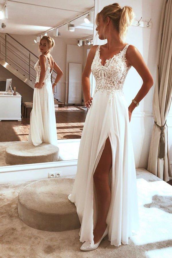 NumberSea Charming Spaghetti straps Appliques Lace Wedding Dress,Split Chiffon Beach Wedding Dress,MW359
