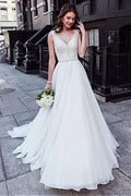 NumberSea Charming Tulle V-neck A-line Wedding Dress With Beaded Lace Appliquess,MW318