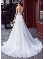 NumberSea Charming Tulle V-neck A-line Wedding Dress With Beaded Lace Appliquess,MW318