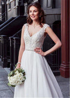 NumberSea Charming Tulle V-neck A-line Wedding Dress With Beaded Lace Appliquess,MW318