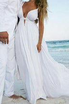 NumberSea Charming White Chiffon Simple Sleeveless Open Back Beach Wedding Dresses, MW227