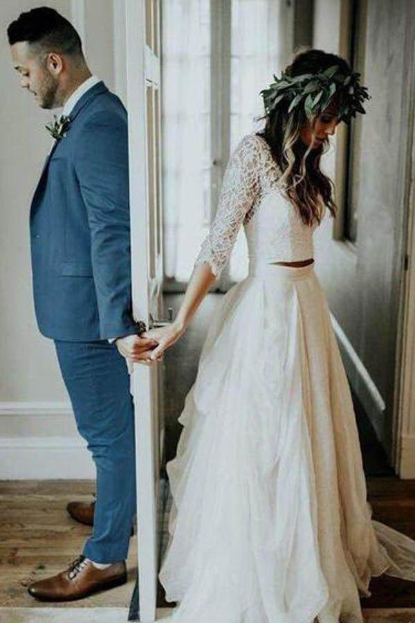 NumberSea Cheap 3/4 Sleeve Lace Ivory Chiffon Rustic Two Piece Wedding Dress,MW273