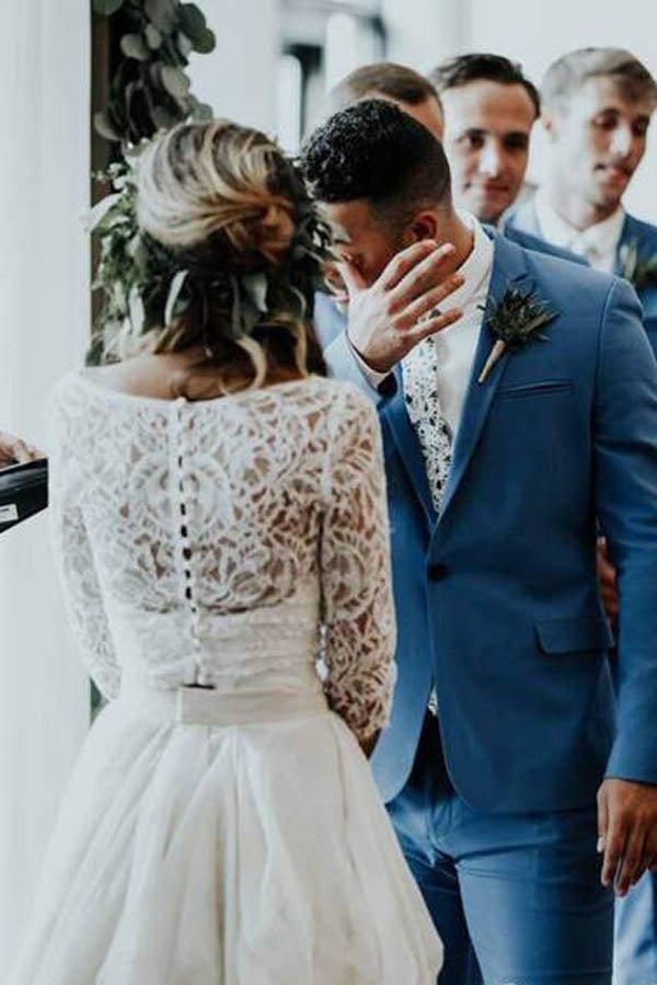 NumberSea Cheap 3/4 Sleeve Lace Ivory Chiffon Rustic Two Piece Wedding Dress,MW273