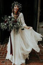 NumberSea Cheap 3/4 Sleeve Lace Ivory Chiffon Rustic Two Piece Wedding Dress,MW273