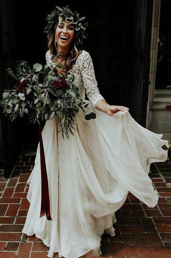 NumberSea Cheap 3/4 Sleeve Lace Ivory Chiffon Rustic Two Piece Wedding Dress,MW273