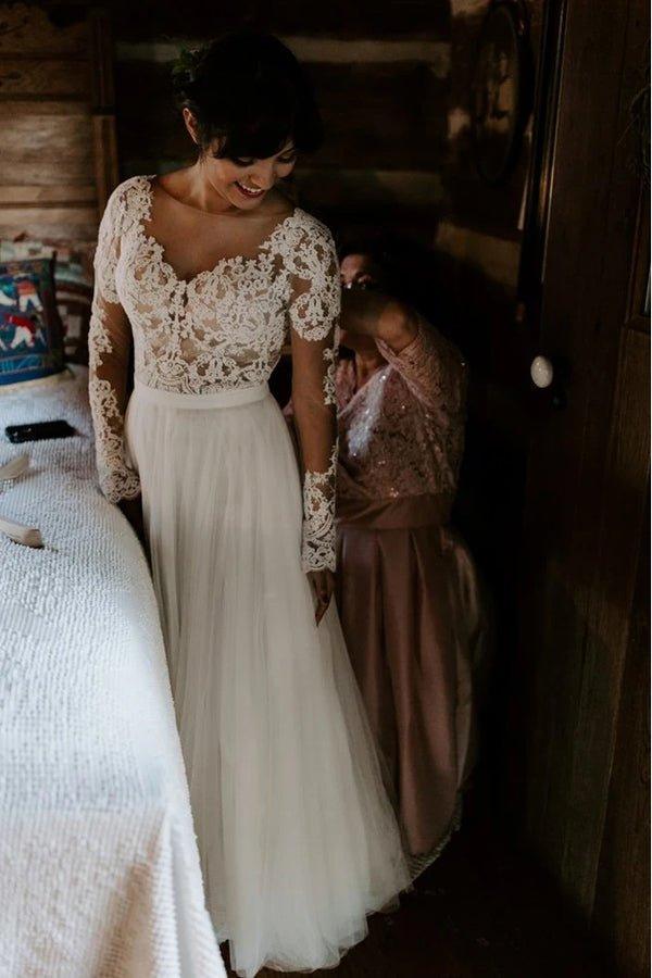 NumberSea Cheap A-line Bateau Long Sleeve Rustic Lace Wedding Dresses,MW507