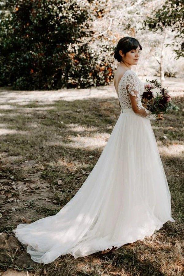 NumberSea Cheap A-line Bateau Long Sleeve Rustic Lace Wedding Dresses,MW507