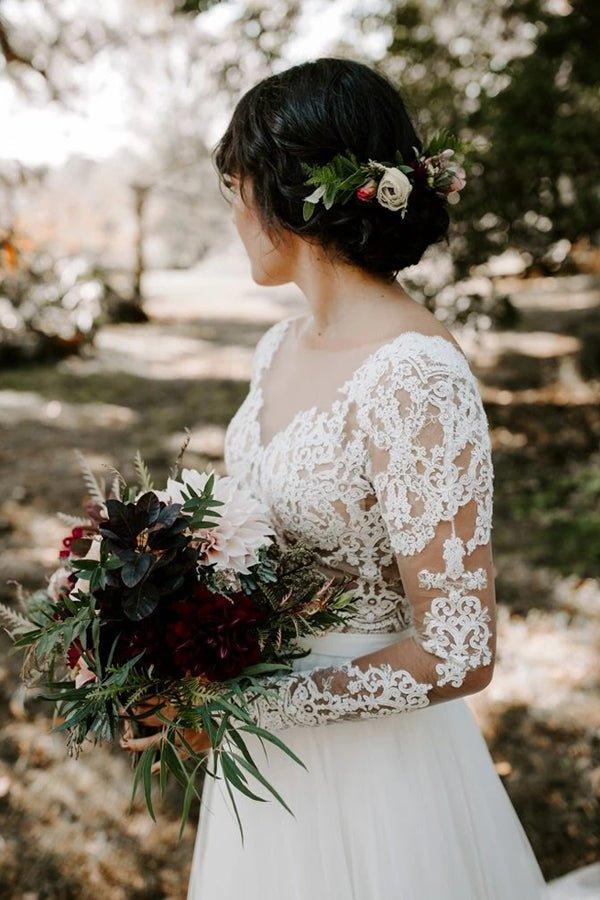 NumberSea Cheap A-line Bateau Long Sleeve Rustic Lace Wedding Dresses,MW507