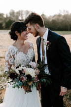 NumberSea Cheap A-line Bateau Long Sleeve Rustic Lace Wedding Dresses,MW507