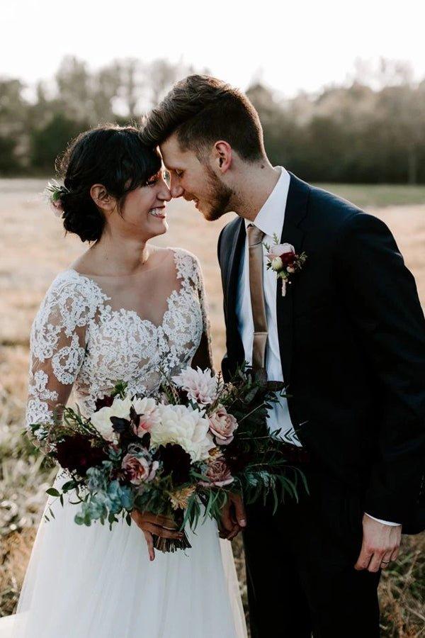 NumberSea Cheap A-line Bateau Long Sleeve Rustic Lace Wedding Dresses,MW507