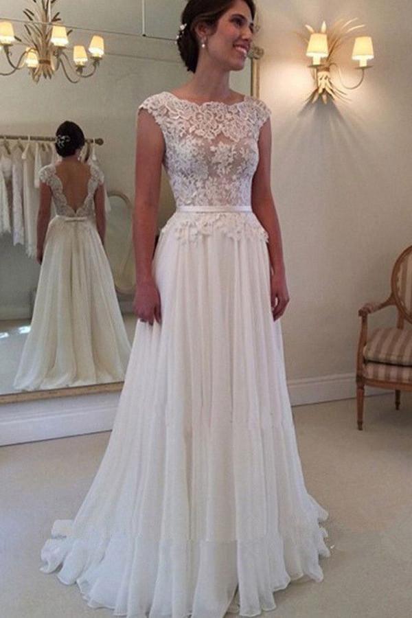 NumberSea Cheap A-line Lace Top Backless Bridal Dresses Long Beach Wedding Dress, MW104
